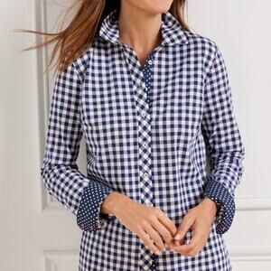 Talbots Blue Picnic Gingham Plaid Cotton Button Front Shirt